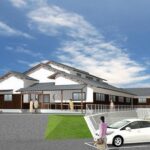 飯塚市：平屋の伝統的な日本建築、和風建築。梁が見え、無垢材が優しい和風デイサービス施設