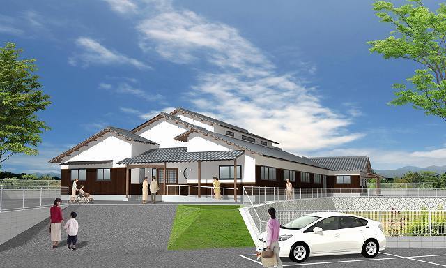 飯塚市：平屋の伝統的な日本建築、和風建築。梁が見え、無垢材が優しい和風デイサービス施設